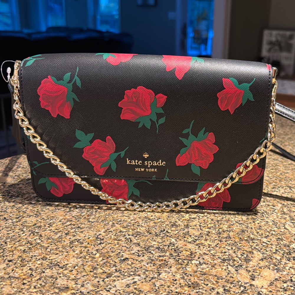 Kate Spade Black and Red Rose Crossbody Bag with Floral Design